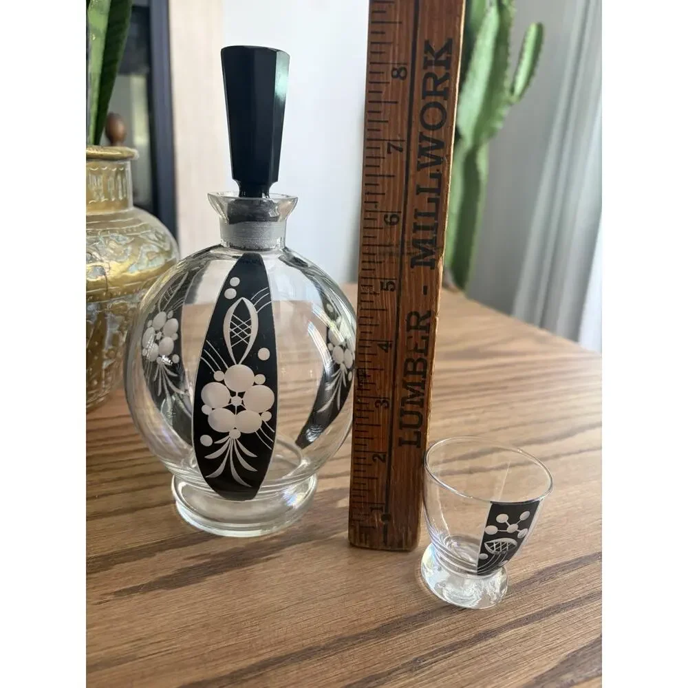 Vintage 1930s Bohemian Glass Decanter Set With Shot Glasses Black Art Deco Glass